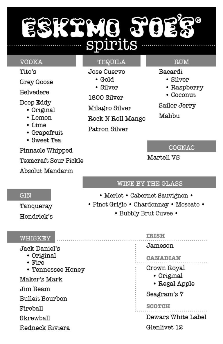 Bar Menu Eskimo Joe's